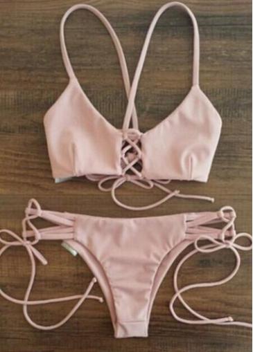 Rosewe Lace Up Bra And Thong Pink Bikini