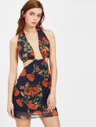 Shein Floral Print Plunge Halter Self Tie Backless Dress