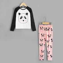 Shein Girls Raglan Sleeve Panda Print Tee & Pants Pj Set