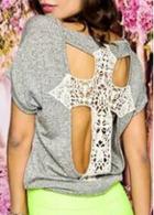 Rosewe Lace Panel Grey Short Sleeve Blouse