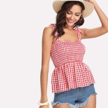 Shein Self Tie Shoulder Ruffle Hem Shirred Top