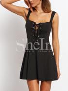 Shein Black Lace Up Front Strap Skater Dress