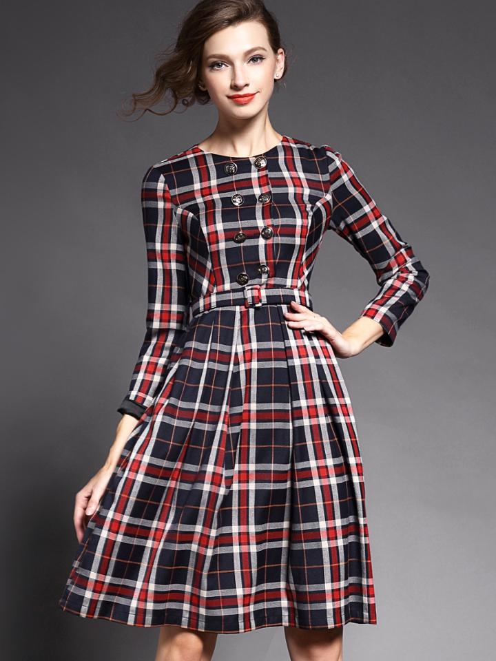 Shein Multicolor Round Neck Long Sleeve Drawstring Print Dress