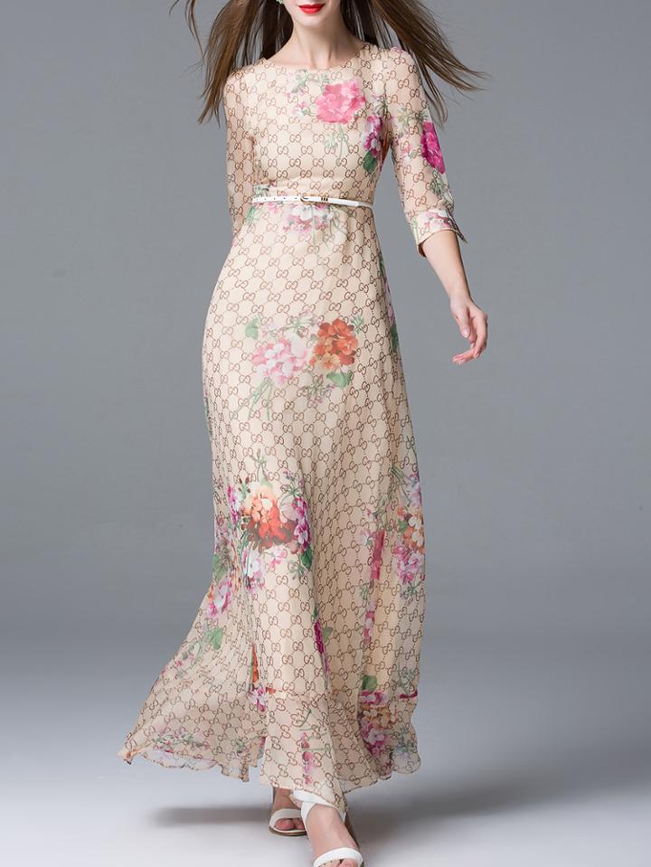 Shein Apricot Ruffle Print Belted Maxi Dress