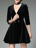 Shein Black Deep V Neck Velvet A-line Dress