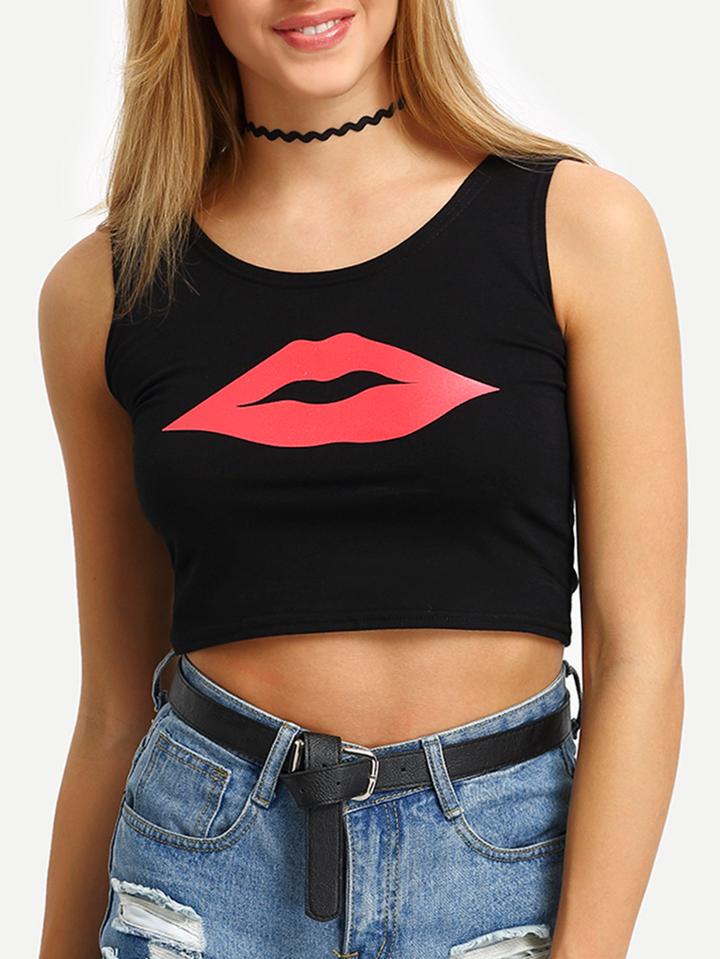 Shein Lip Print Crop Tank Top - Black