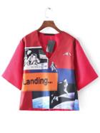 Shein Red V Neck Astronaut Print T-shirt