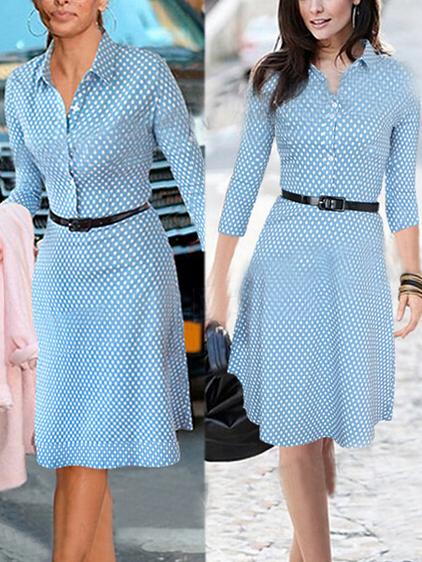 Shein Blue Lapel Long Sleeve Polka Dot Dress