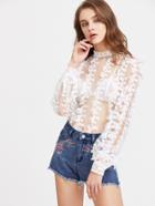 Shein Fringe Trim Bishop Sleeve Embroidered Sheer Mesh Top