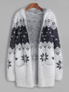 Shein Color Block Snowflake Pattern Fuzzy Hooded Sweater Coat