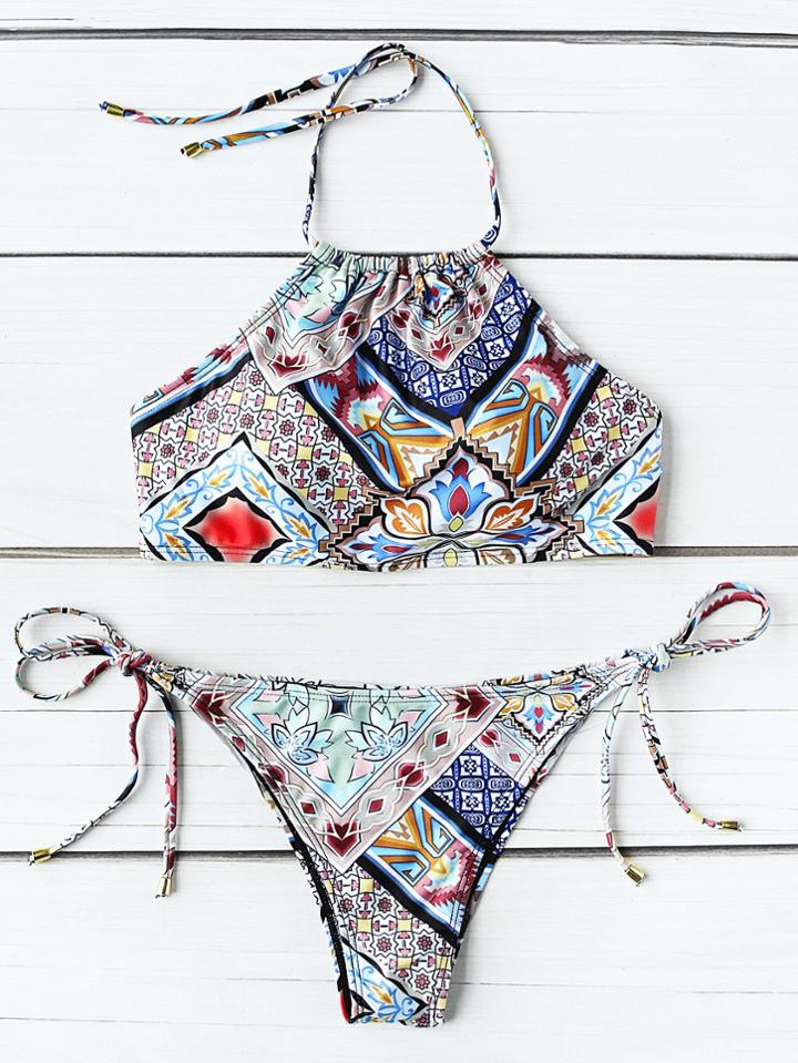 Shein Graphic Print Side Tie Halter Bikini Set