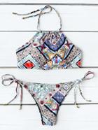 Shein Graphic Print Side Tie Halter Bikini Set
