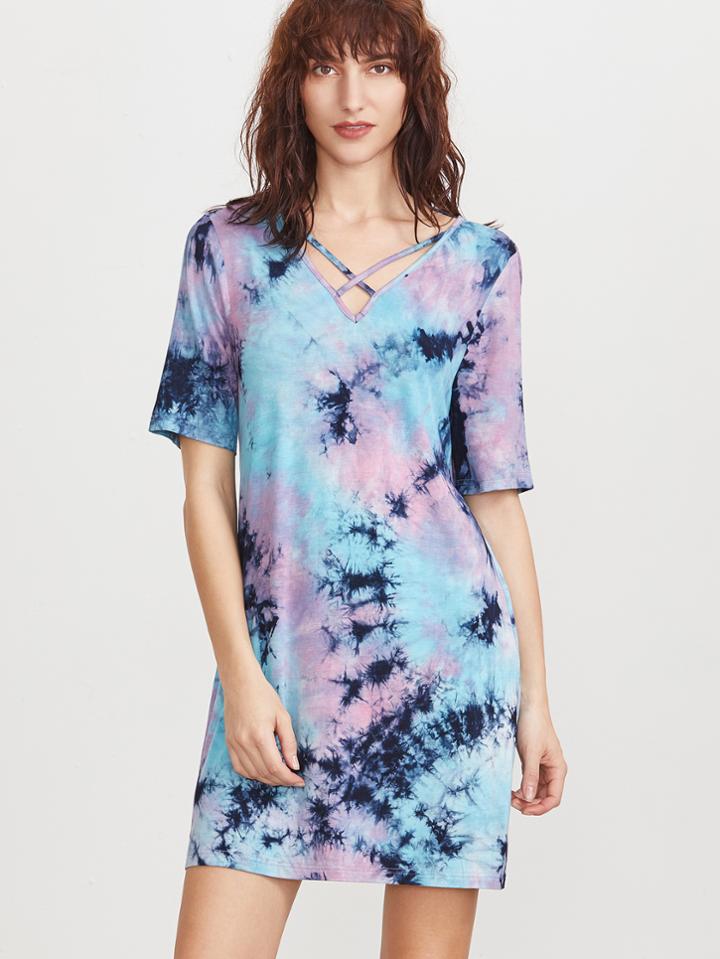 Shein Multicolor Tie Dye Print Crisscross V Neck Tee Dress