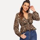 Shein Leopard Print Knot Front Peplum Top