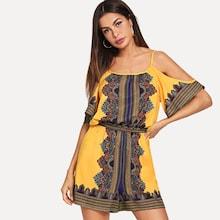 Shein Ornate Print Cold Shoulder Cami Romper