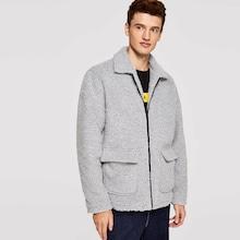 Shein Men Zip & Pocket Front Collar Teddy Jacket