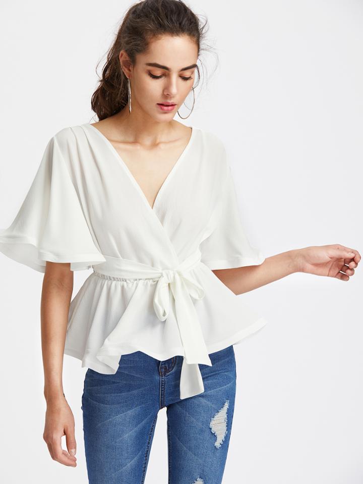 Shein Flutter Sleeve Belted Surplice Wrap Top