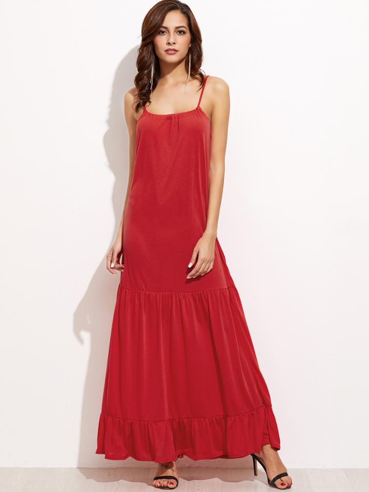 Shein Red Ruffle Hem Slip Dress