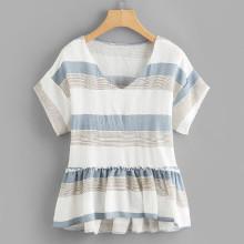 Shein Plus Frill Trim Striped Dip Hem Top