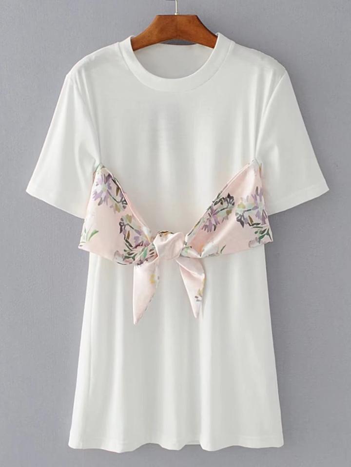 Shein Contrast Floral Print Knot Front Tee