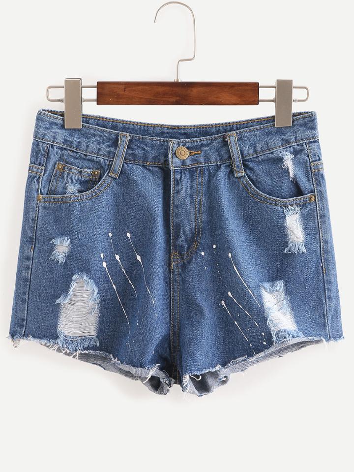 Shein Ripped Paint Splatter Denim Shorts - Blue