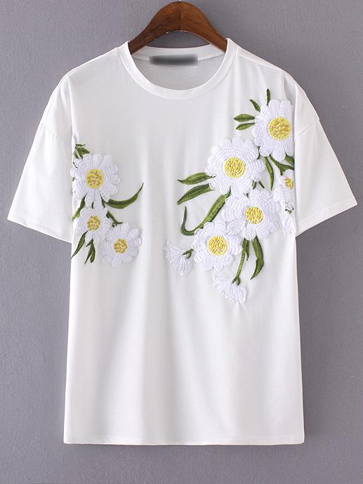 Shein White Round Neck Flower Embroidery T-shirt