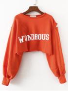 Shein Cut Out Sleeve Frayed Hem Crop Sweatshirt