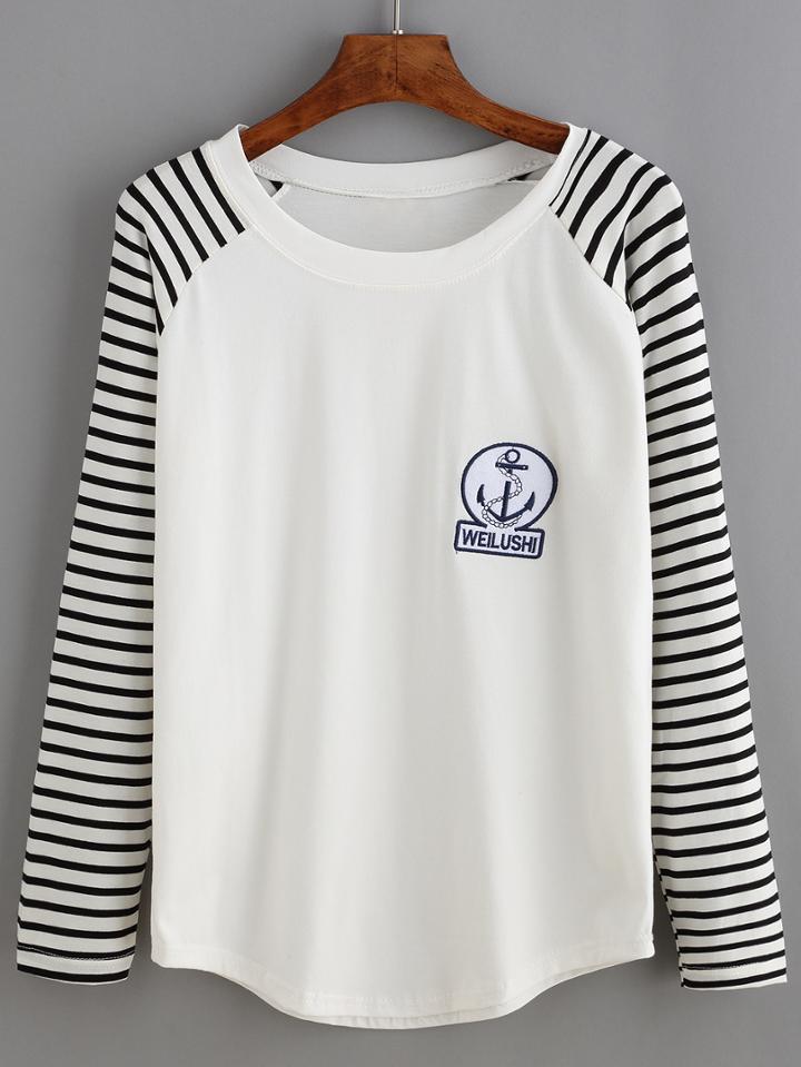 Shein White Long Sleeve Embroidery Stripe T-shirt
