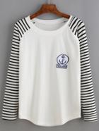 Shein White Long Sleeve Embroidery Stripe T-shirt