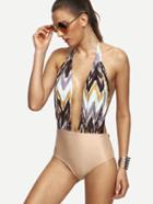 Shein Multicolor Chevron Print Plunge Neck Backless Swimsuit