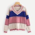 Shein Colorblock Ripped V Neck Sweater