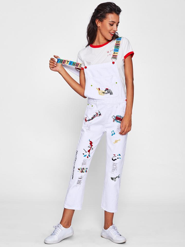 Shein Rain Straps Embroidered Denim Jumpsuit