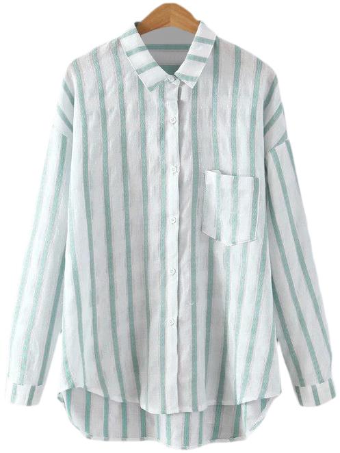 Shein Green Stripe Pocket Dip Hem Lapel Blouse