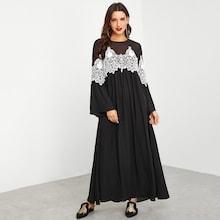 Shein Contrast Lace Bell Sleeve Semi Sheer Dress