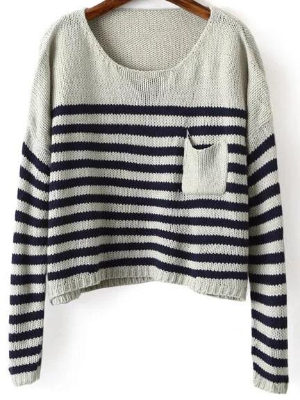 Shein Navy Striped Drop Shoulder Sweater With Pocket