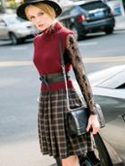 Shein Win Red Knit Contrast Lace Long Sleeve Tie-waist Dress