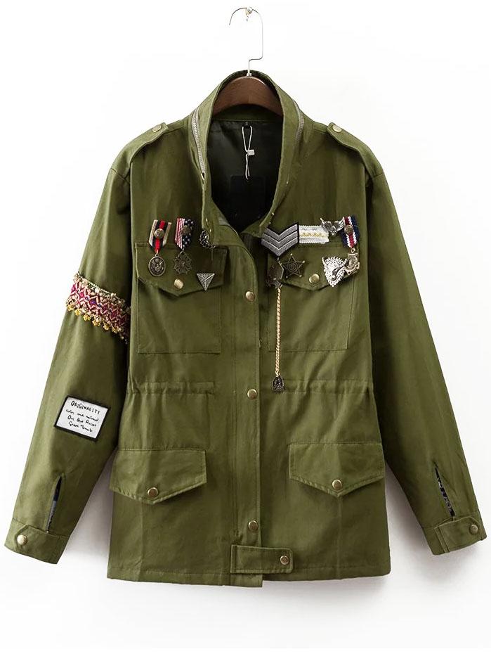 Shein Army Green Badge Embellished Pocket Coat