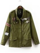 Shein Army Green Badge Embellished Pocket Coat
