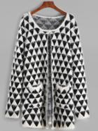 Shein Black And White Geo Pattern Fluffy Sweater Coat