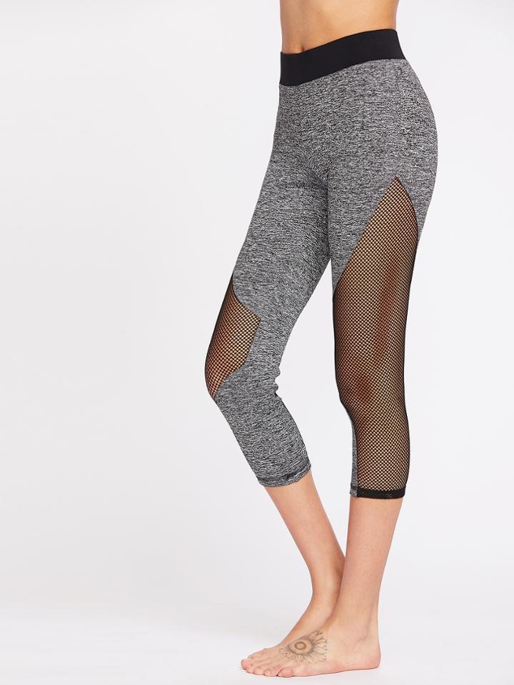 Shein Marled Knit Contrast Waist Fishnet Insert Leggings