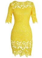Rosewe Short Sleeve Yellow Lace Crochet Sheath Dress