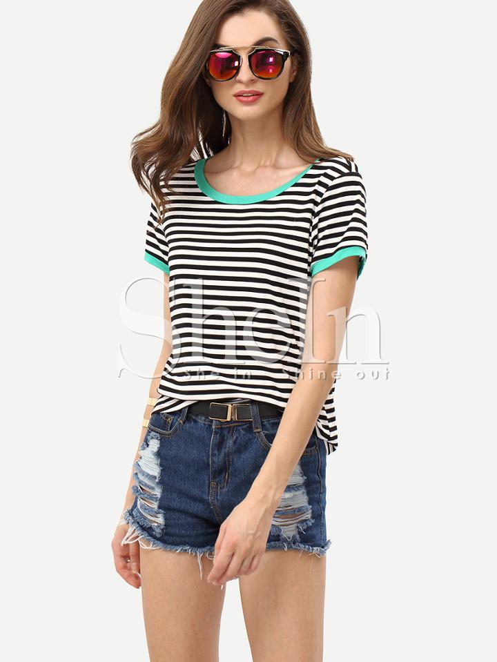 Shein Black White Striped Short Sleeve T-shirt