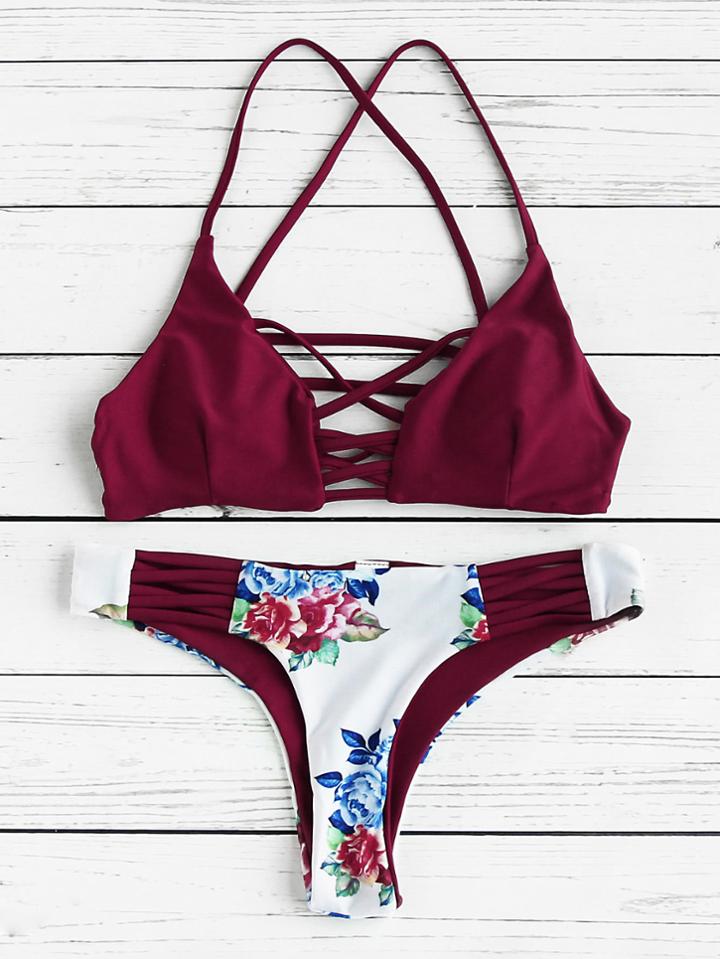 Shein Flower Print Criss Cross Bikini Set