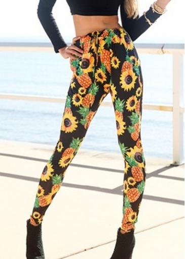 Rosewe Sunflower Print Drawstring Waist Black Pants