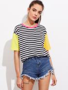 Shein Contrast Neck And Sleeve Striped Tee