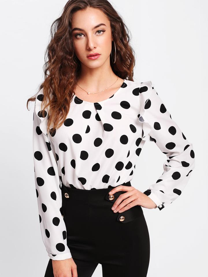 Shein Pleated Neck Ruffle Trim Polka Dot Top