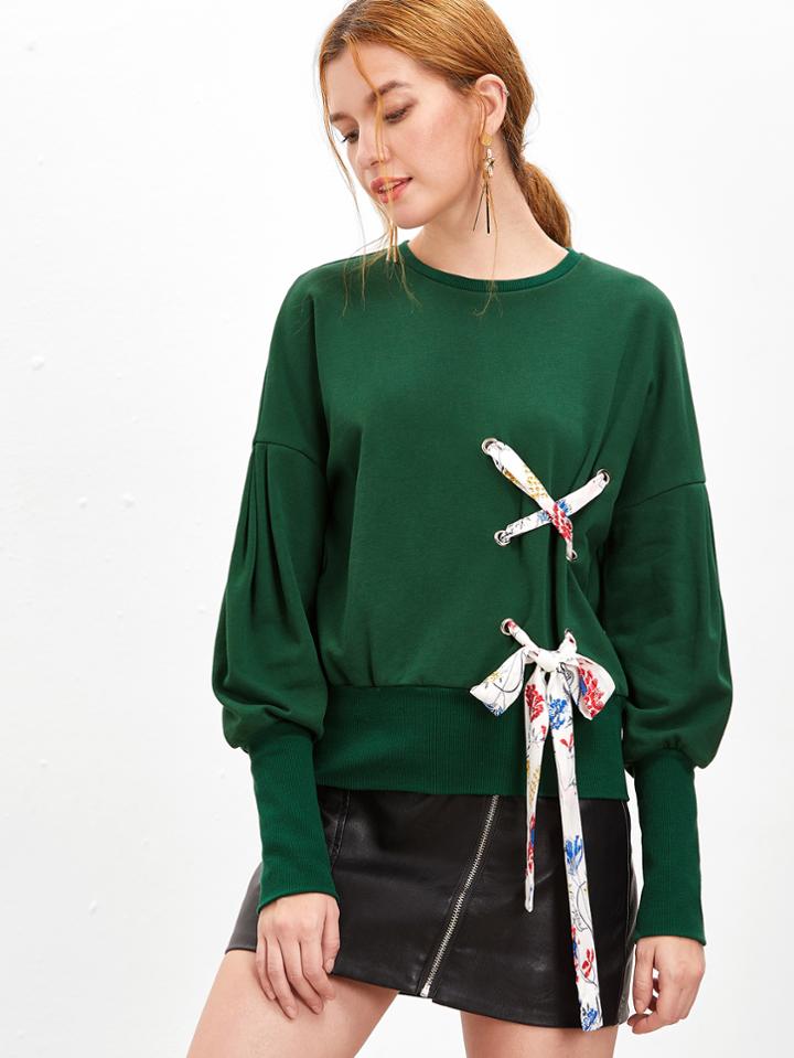 Shein Green Bishop Sleeve Sweatshirt With Eyelet Lace Up Detail