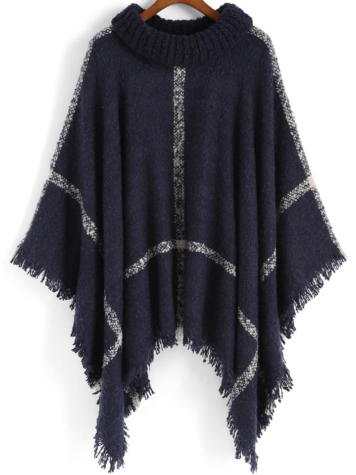 Shein Navy High Neck Plaid Tassel Cape