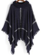 Shein Navy High Neck Plaid Tassel Cape