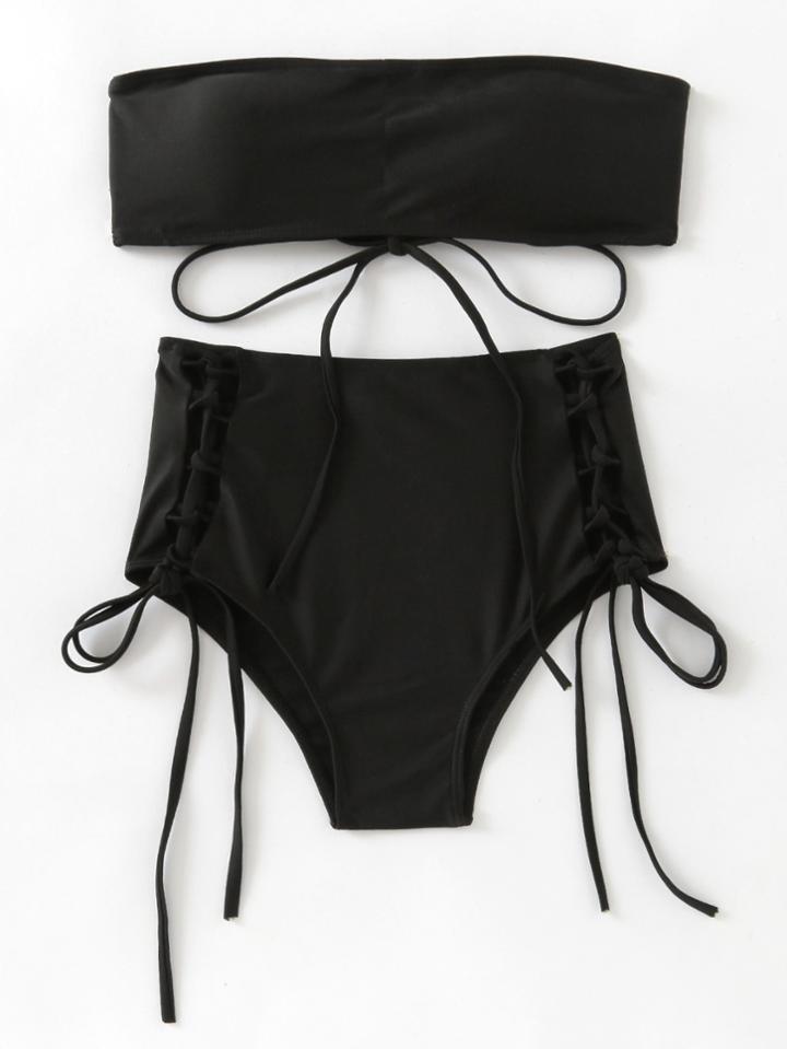 Shein Lace Up High Waist Bandeau Bikini Set